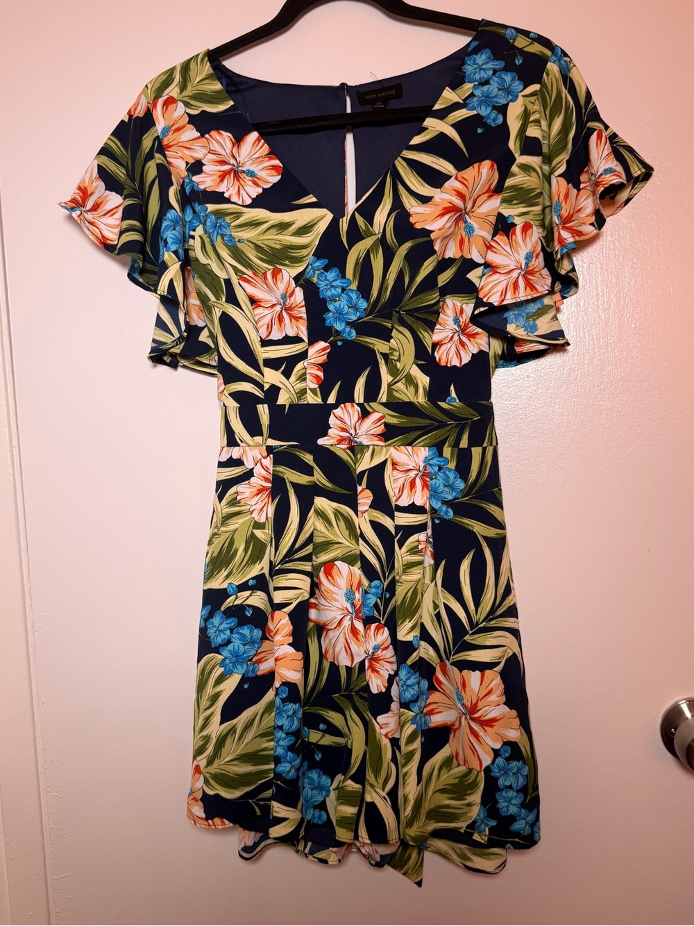 Miss Avenue Large Navy Floral V-Neck Flutter Sleeve Romper 10 Summer Hawaiian
